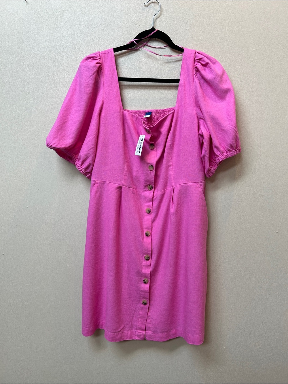 Old Navy Bright Pink Puff-Sleeve Button-Front Dress